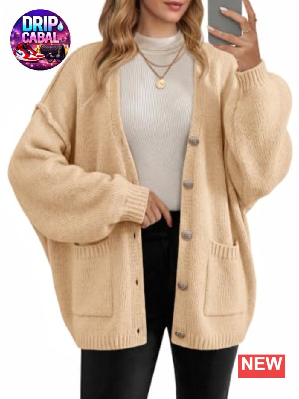 Oversized Button Up Cardigan Chunky Knit Lantern Sleeve Sweater